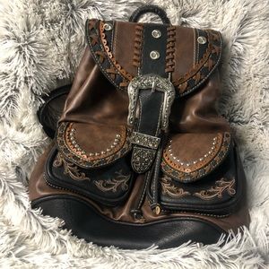 Conceal carry brown vegan leather western backpack purse